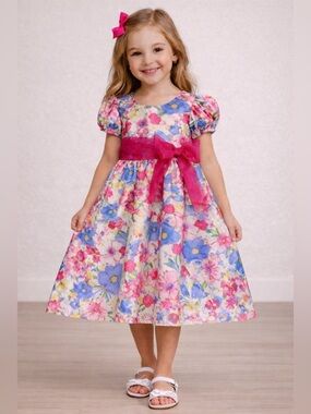 Ashley Ann Girls Floral Dress 4T Pink Blue Bow Waist